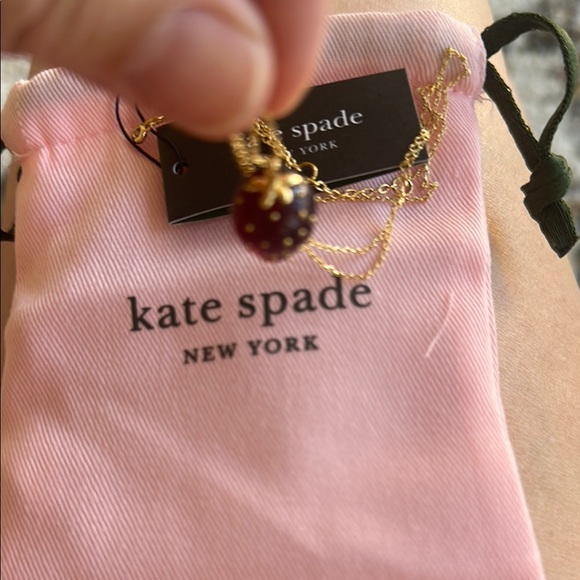 Kate Spade Gold Strawberry Necklace new w tag and pink bag picnic perfect 17” - Picture 2 of 3
